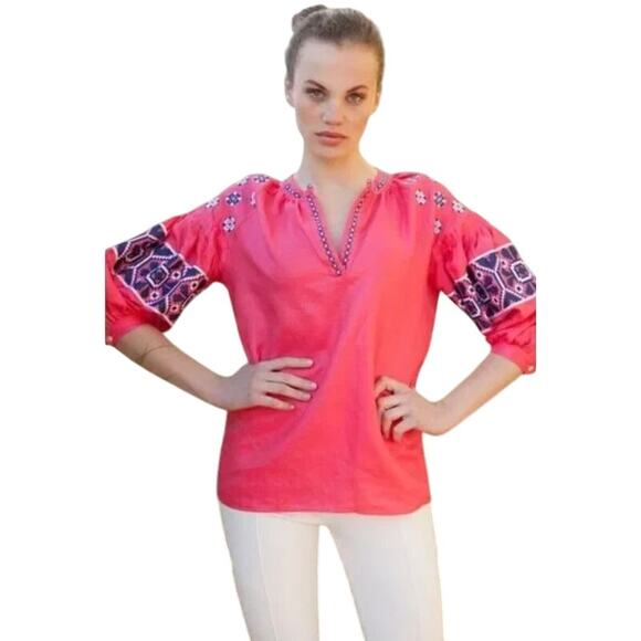 VILAGALLO Nicola Strawberry Pink Linen Shirt Boho Festival Size 38 (U.S. 6) - Picture 1 of 9